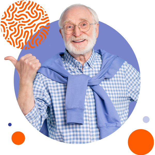 A senior man with gray hair and glasses gives a thumbs-up with his right hand.